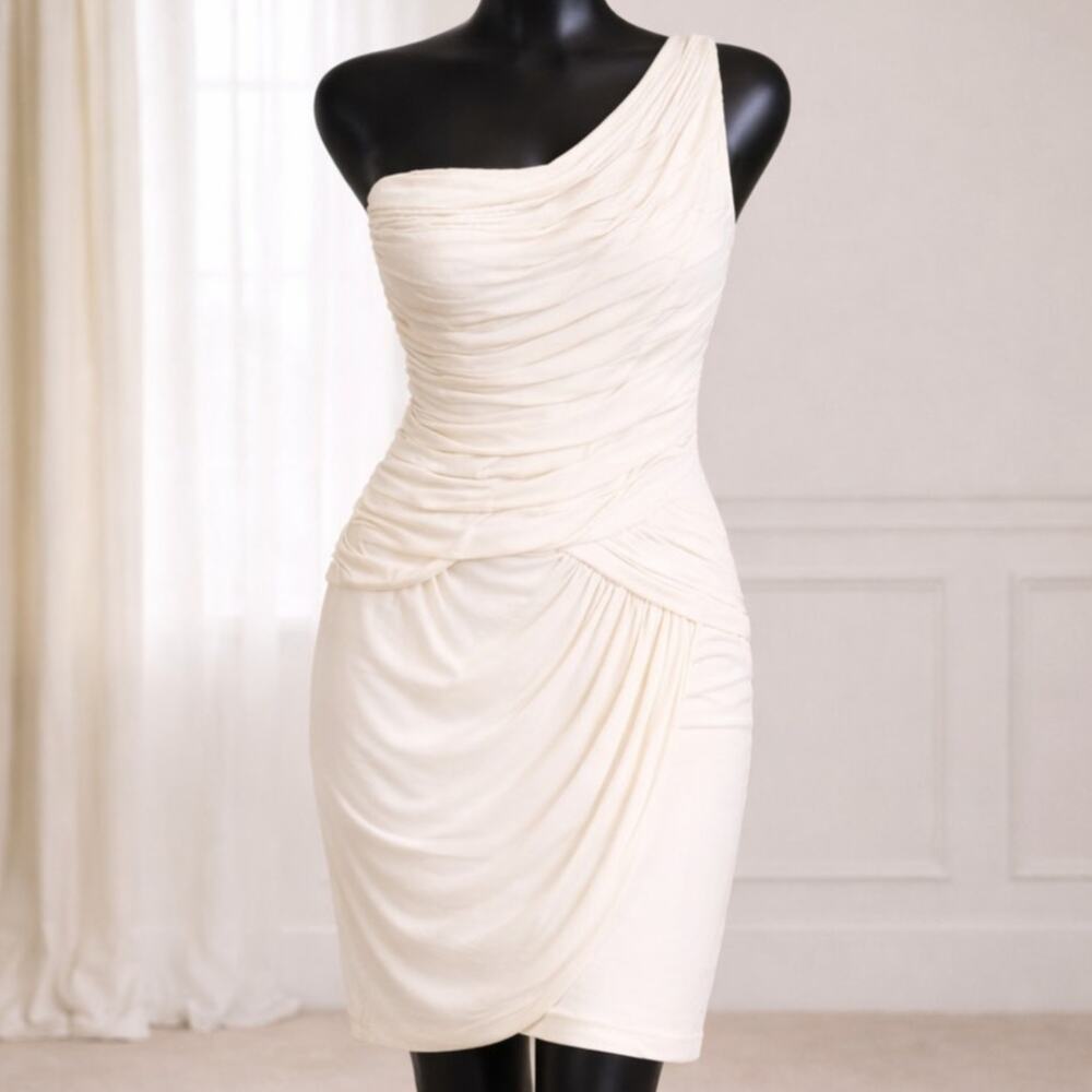 BCBG Maxazria Reed Cream One Shoulder Fitted Bodycon Ruched Midi Dress Size S